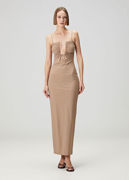 Vizon Büzgü Detaylı Maksi Elbise